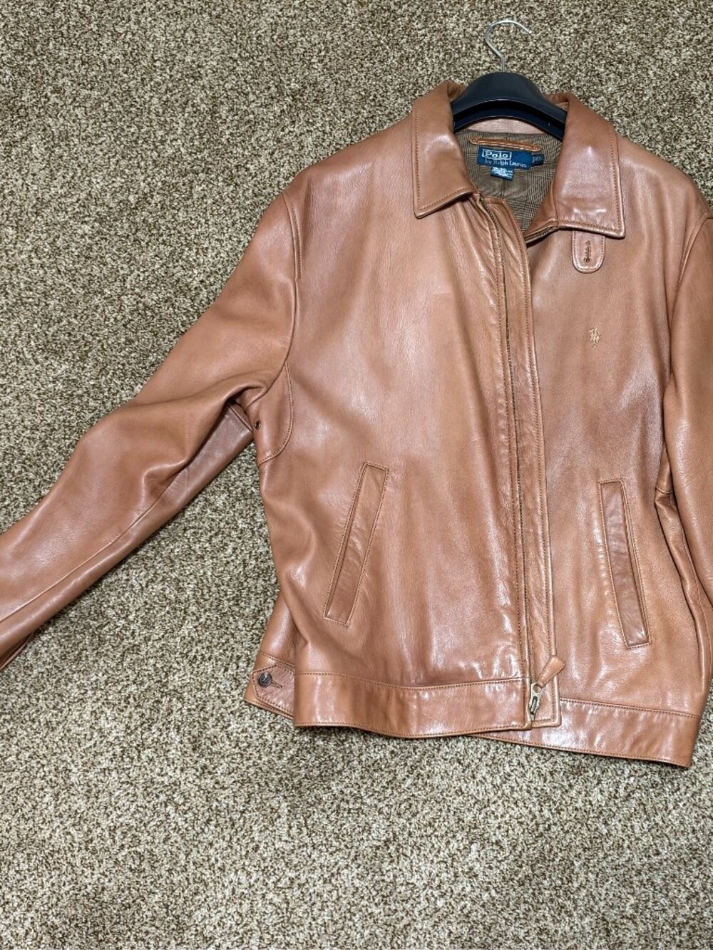Polo by Ralph Lauren Men's XL Brown Leather Jacket Lined Full Zip Point Collar